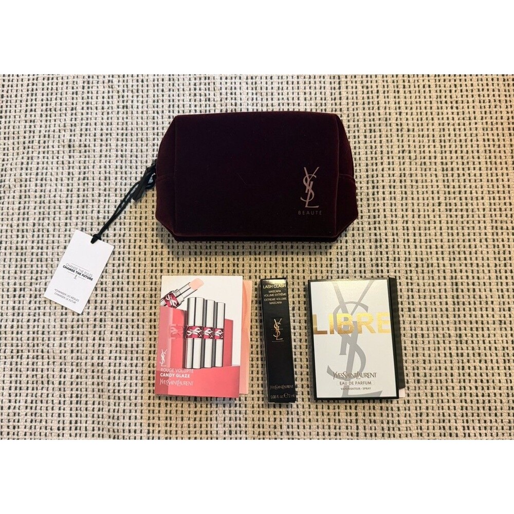 YSL Beauty Velvet Maroon Red Cosmetic Bag W/ Mascara Lip Balm & Perfume